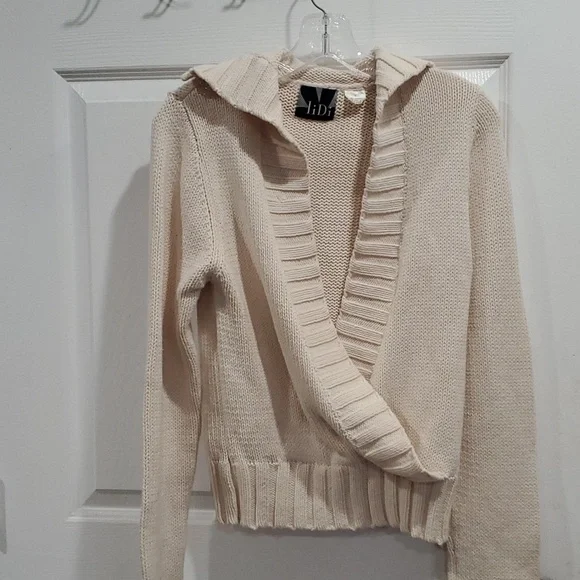 Lidi Cream cotton blend Chunky Knit Sweater Deep V Plunging Blouse top L - Picture 1 of 4